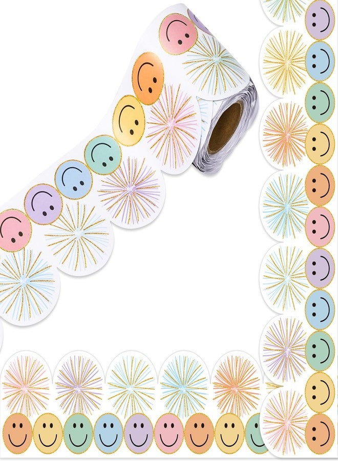 Whaline 32.8ft Preppy Pastel Smile Face Bulletin Board Borders Colorful Firework Poms Scalloped Die-Cut Rolled Border Trim for School Classroom Office Chalkboard Decoration - Image 1